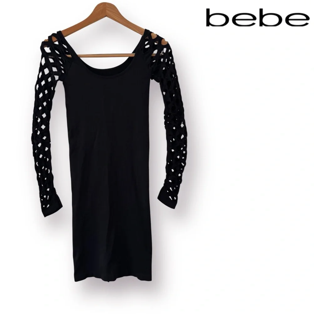 🛍️SALE🛍️ Bebe Black Long Sleeve Bandage Caged Bodycon Mini Dress - Picture 2 of 6